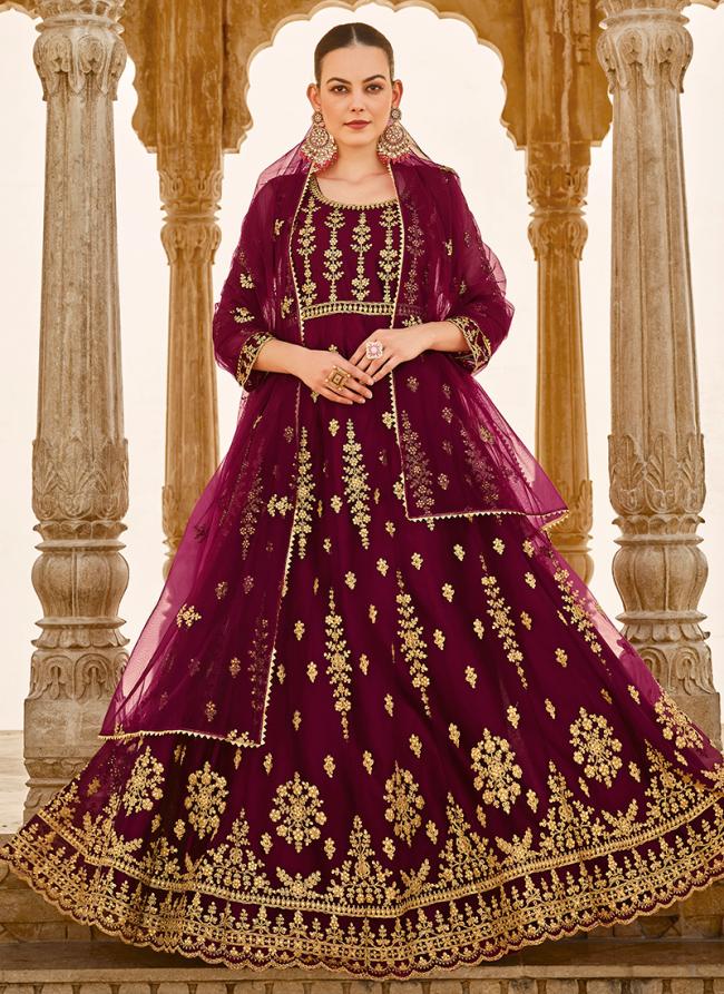 Net Wine Wedding Wear Embroidery Work Anarkali Suit